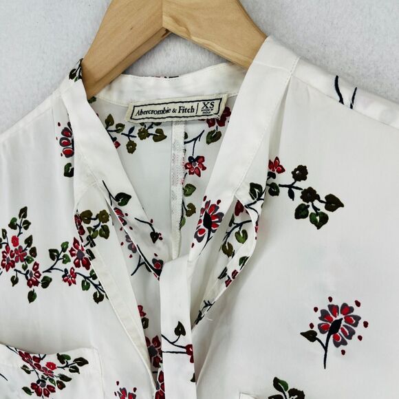 ABERCROMBIE & FITCH Top XS Floral Poplin Tie Neck Blouse Roll Tab Sleeve White - Picture 6 of 16
